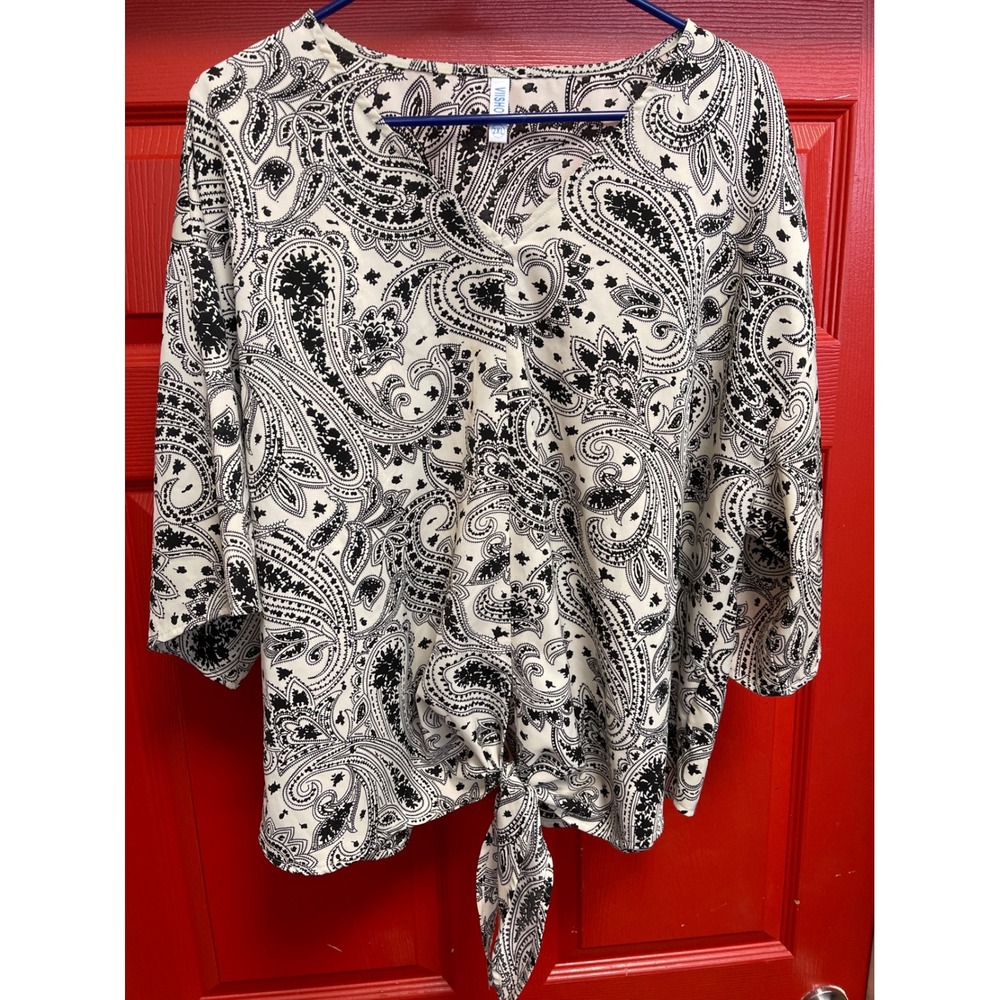 VIISHOW Womens 2XL Paisley Print V-Neck Tie Front Blouse Black White Boho Top